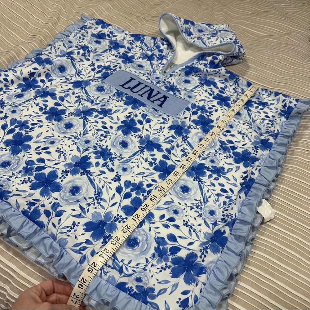 Southern Saint Smocks Blue Floral Ruffles Smocked hooded towel Luna monogram